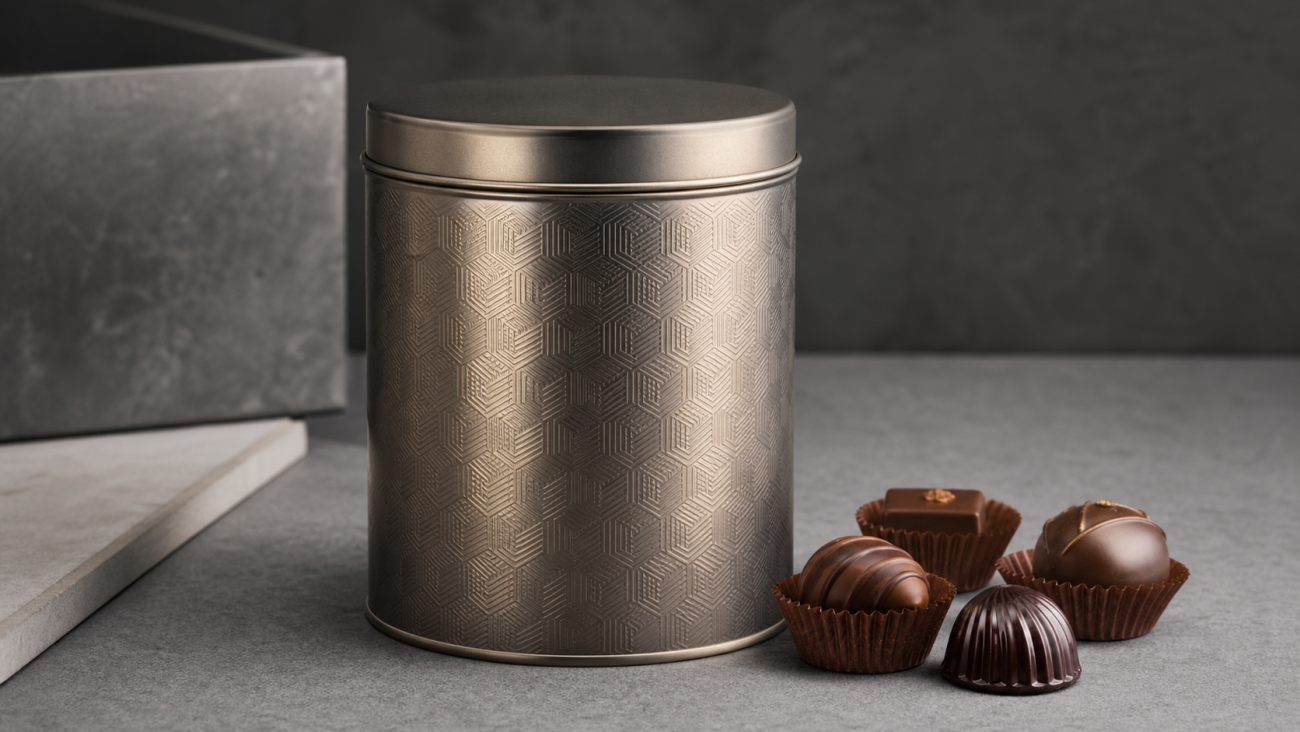 Çikolata ve şekerleme için premium full metal silindir kutu